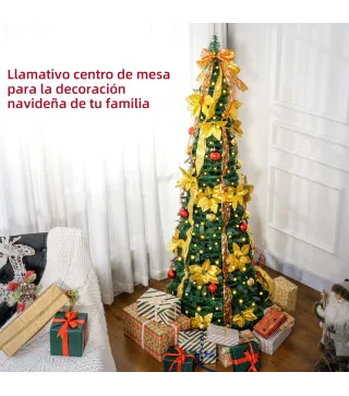 Árbol de Navidad Plegable con Luces LED en Blanco Cálido y Adornos Pre-instalados para Interior Ø60x180 cm Verde