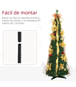 Árbol de Navidad Plegable con Luces LED en Blanco Cálido y Adornos Pre-instalados para Interior Ø60x180 cm Verde