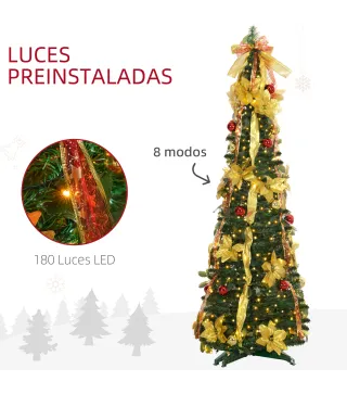 Árbol de Navidad Plegable con Luces LED en Blanco Cálido y Adornos Pre-instalados para Interior Ø60x180 cm Verde