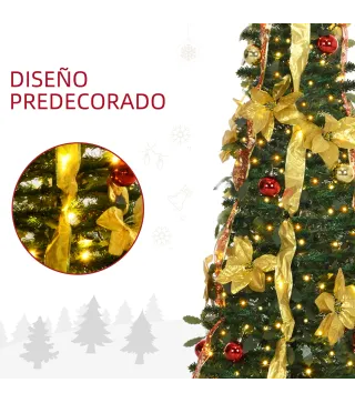 Árbol de Navidad Plegable con Luces LED en Blanco Cálido y Adornos Pre-instalados para Interior Ø60x180 cm Verde