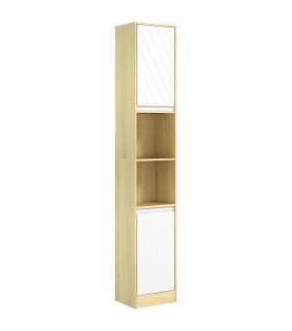 Columna de Baño Estrecha con 2 Puertas y 2 Estantes Abiertos, para Espacios Pequeños, 30x24x170 cm, Roble y Blanco