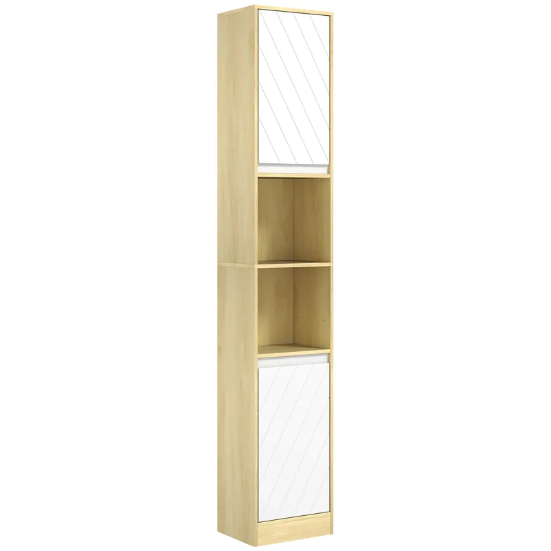 Columna de Baño Estrecha con 2 Puertas y 2 Estantes Abiertos, para Espacios Pequeños, 30x24x170 cm, Roble y Blanco