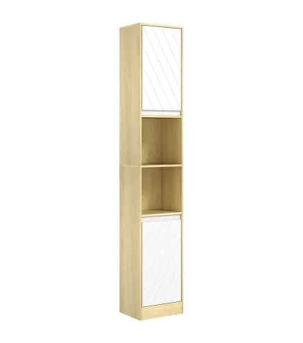 Columna de Baño Estrecha con 2 Puertas y 2 Estantes Abiertos, para Espacios Pequeños, 30x24x170 cm, Roble y Blanco