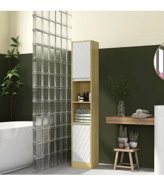 Columna de Baño Estrecha con 2 Puertas y 2 Estantes Abiertos, para Espacios Pequeños, 30x24x170 cm, Roble y Blanco