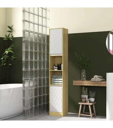 Columna de Baño Estrecha con 2 Puertas y 2 Estantes Abiertos, para Espacios Pequeños, 30x24x170 cm, Roble y Blanco