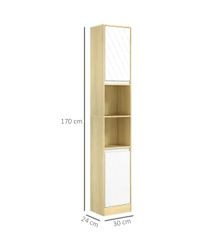 Columna de Baño Estrecha con 2 Puertas y 2 Estantes Abiertos, para Espacios Pequeños, 30x24x170 cm, Roble y Blanco
