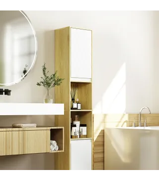Columna de Baño Estrecha con 2 Puertas y 2 Estantes Abiertos, para Espacios Pequeños, 30x24x170 cm, Roble y Blanco