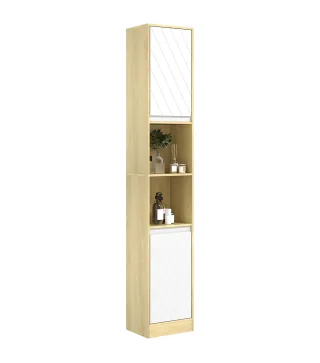 Columna de Baño Estrecha con 2 Puertas y 2 Estantes Abiertos, para Espacios Pequeños, 30x24x170 cm, Roble y Blanco