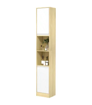 Columna de Baño Estrecha con 2 Puertas y 2 Estantes Abiertos, para Espacios Pequeños, 30x24x170 cm, Roble y Blanco