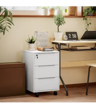 Cajonera de Escritorio con 3 Cajones Ruedas Cerradura y 2 Llaves para Estudio Salón 40x40x63,5 cm Blanco