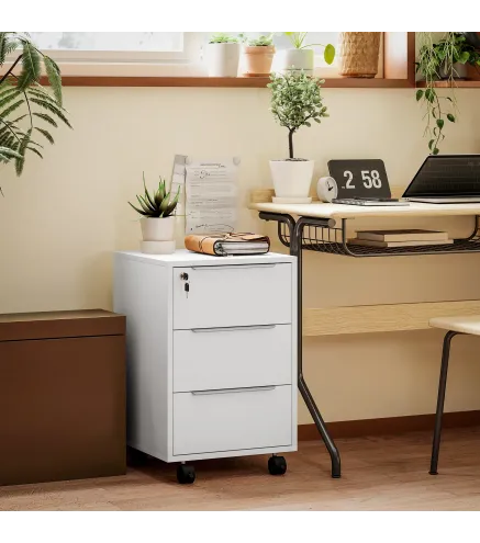 Cajonera de Escritorio con 3 Cajones Ruedas Cerradura y 2 Llaves para Estudio Salón 40x40x63,5 cm Blanco