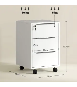 Cajonera de Escritorio con 3 Cajones Ruedas Cerradura y 2 Llaves para Estudio Salón 40x40x63,5 cm Blanco