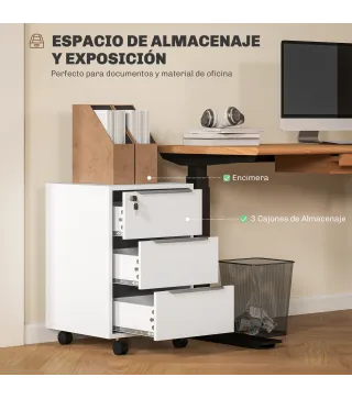 Cajonera de Escritorio con 3 Cajones Ruedas Cerradura y 2 Llaves para Estudio Salón 40x40x63,5 cm Blanco