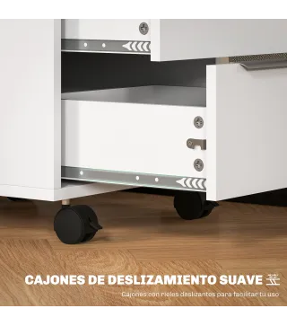 Cajonera de Escritorio con 3 Cajones Ruedas Cerradura y 2 Llaves para Estudio Salón 40x40x63,5 cm Blanco