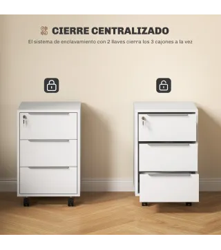 Cajonera de Escritorio con 3 Cajones Ruedas Cerradura y 2 Llaves para Estudio Salón 40x40x63,5 cm Blanco
