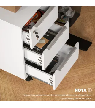 Cajonera de Escritorio con 3 Cajones Ruedas Cerradura y 2 Llaves para Estudio Salón 40x40x63,5 cm Blanco