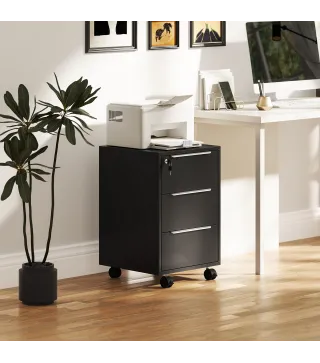 Cajonera de Escritorio con 3 Cajones Ruedas Cerradura y 2 Llaves para Estudio Salón 40x40x63,5 cm Negro