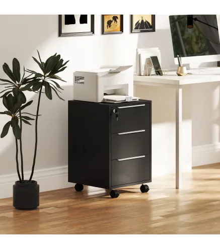 Cajonera de Escritorio con 3 Cajones Ruedas Cerradura y 2 Llaves para Estudio Salón 40x40x63,5 cm Negro