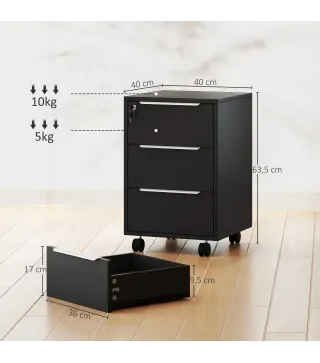 Cajonera de Escritorio con 3 Cajones Ruedas Cerradura y 2 Llaves para Estudio Salón 40x40x63,5 cm Negro