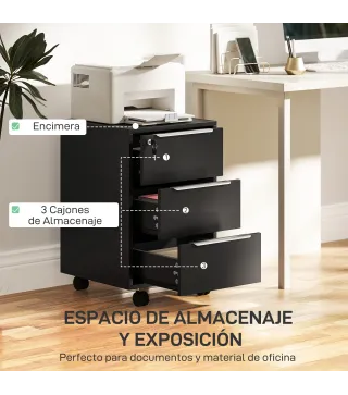 Cajonera de Escritorio con 3 Cajones Ruedas Cerradura y 2 Llaves para Estudio Salón 40x40x63,5 cm Negro