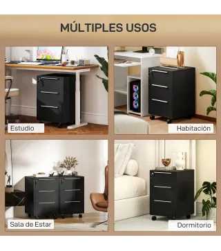 Cajonera de Escritorio con 3 Cajones Ruedas Cerradura y 2 Llaves para Estudio Salón 40x40x63,5 cm Negro