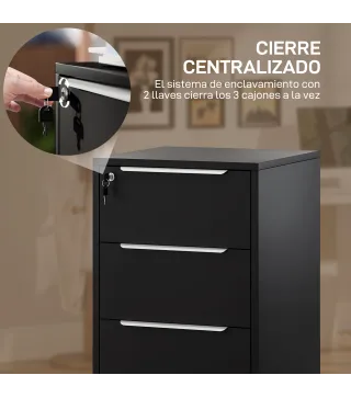 Cajonera de Escritorio con 3 Cajones Ruedas Cerradura y 2 Llaves para Estudio Salón 40x40x63,5 cm Negro