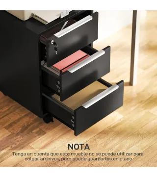 Cajonera de Escritorio con 3 Cajones Ruedas Cerradura y 2 Llaves para Estudio Salón 40x40x63,5 cm Negro