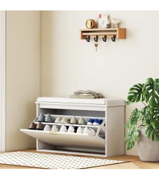 Banco Zapatero con Asiento Acolchado Cajón Abatible y Estante Ajustable para Entrada o Dormitorio 80x26x47,5 cm Blanco