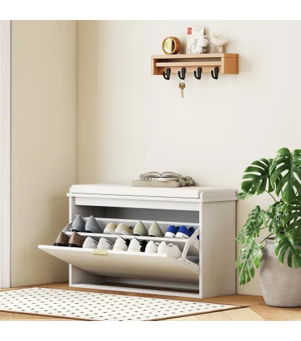 Banco Zapatero con Asiento Acolchado Cajón Abatible y Estante Ajustable para Entrada o Dormitorio 80x26x47,5 cm Blanco