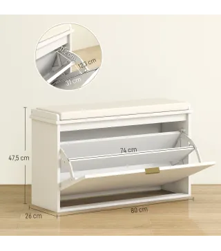 Banco Zapatero con Asiento Acolchado Cajón Abatible y Estante Ajustable para Entrada o Dormitorio 80x26x47,5 cm Blanco