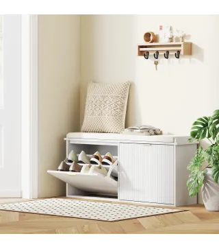 Banco Zapatero con Asiento Acolchado 2 Cajones Abatibles y Estante Ajustable para Entrada 104x26x47,5 cm Blanco
