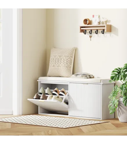 Banco Zapatero con Asiento Acolchado 2 Cajones Abatibles y Estante Ajustable para Entrada 104x26x47,5 cm Blanco