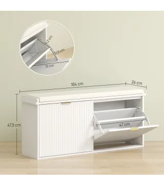 Banco Zapatero con Asiento Acolchado 2 Cajones Abatibles y Estante Ajustable para Entrada 104x26x47,5 cm Blanco