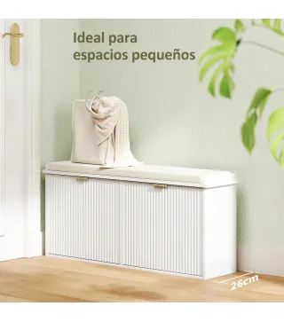 Banco Zapatero con Asiento Acolchado 2 Cajones Abatibles y Estante Ajustable para Entrada 104x26x47,5 cm Blanco