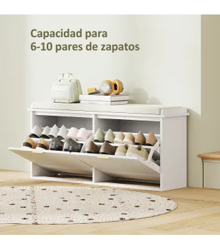 Banco Zapatero con Asiento Acolchado 2 Cajones Abatibles y Estante Ajustable para Entrada 104x26x47,5 cm Blanco
