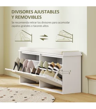 Banco Zapatero con Asiento Acolchado 2 Cajones Abatibles y Estante Ajustable para Entrada 104x26x47,5 cm Blanco