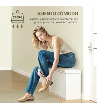 Banco Zapatero con Asiento Acolchado 2 Cajones Abatibles y Estante Ajustable para Entrada 104x26x47,5 cm Blanco