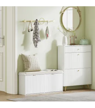 Banco Zapatero con Asiento Acolchado 2 Cajones Abatibles y Estante Ajustable para Entrada 104x26x47,5 cm Blanco