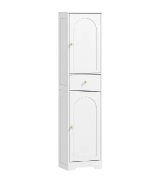 Armario Alto de Baño Estrecho con 2 Puertas Arqueadas Cajón y Estantes Ajustables Moderno 40x29,5x170 cm Blanco Veteado