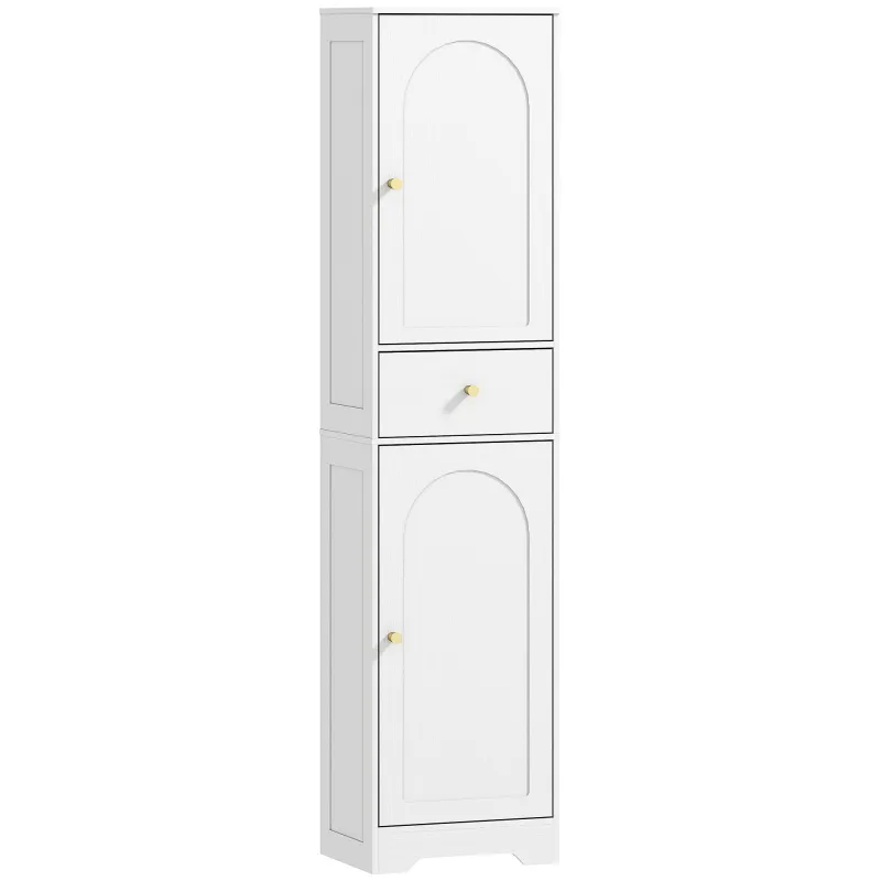 Armario Alto de Baño Estrecho con 2 Puertas Arqueadas Cajón y Estantes Ajustables Moderno 40x29,5x170 cm Blanco Veteado