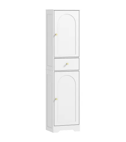 Armario Alto de Baño Estrecho con 2 Puertas Arqueadas Cajón y Estantes Ajustables Moderno 40x29,5x170 cm Blanco Veteado