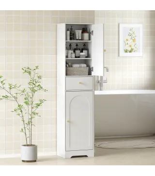 Armario Alto de Baño Estrecho con 2 Puertas Arqueadas Cajón y Estantes Ajustables Moderno 40x29,5x170 cm Blanco Veteado