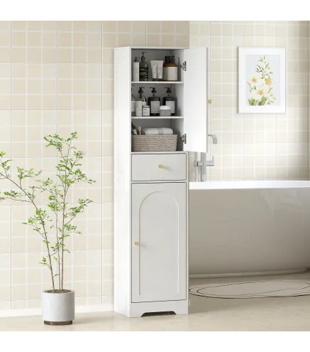 Armario Alto de Baño Estrecho con 2 Puertas Arqueadas Cajón y Estantes Ajustables Moderno 40x29,5x170 cm Blanco Veteado