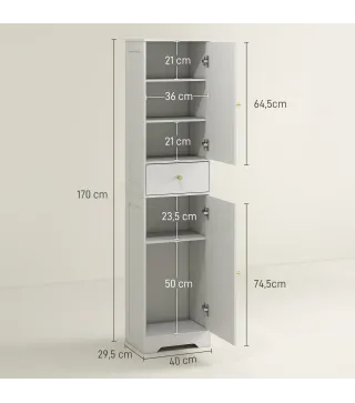 Armario Alto de Baño Estrecho con 2 Puertas Arqueadas Cajón y Estantes Ajustables Moderno 40x29,5x170 cm Blanco Veteado