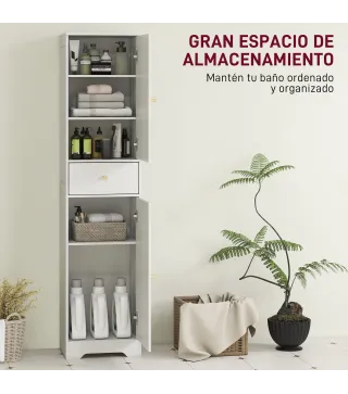 Armario Alto de Baño Estrecho con 2 Puertas Arqueadas Cajón y Estantes Ajustables Moderno 40x29,5x170 cm Blanco Veteado