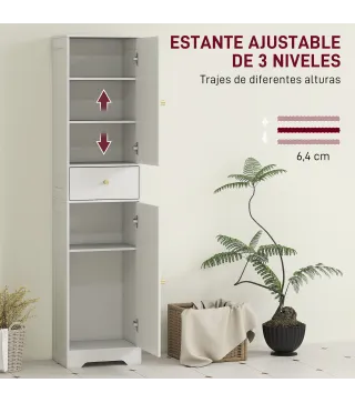 Armario Alto de Baño Estrecho con 2 Puertas Arqueadas Cajón y Estantes Ajustables Moderno 40x29,5x170 cm Blanco Veteado