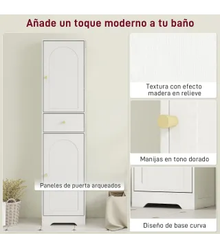 Armario Alto de Baño Estrecho con 2 Puertas Arqueadas Cajón y Estantes Ajustables Moderno 40x29,5x170 cm Blanco Veteado