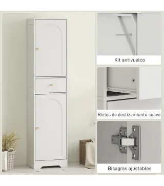 Armario Alto de Baño Estrecho con 2 Puertas Arqueadas Cajón y Estantes Ajustables Moderno 40x29,5x170 cm Blanco Veteado