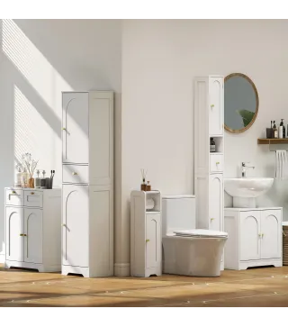 Armario Alto de Baño Estrecho con 2 Puertas Arqueadas Cajón y Estantes Ajustables Moderno 40x29,5x170 cm Blanco Veteado