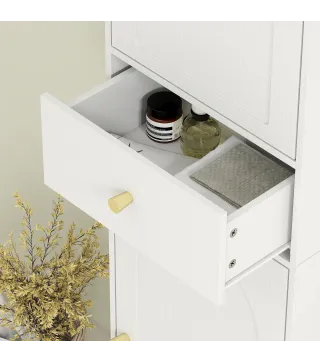 Armario Alto de Baño Estrecho con 2 Puertas Arqueadas Cajón y Estantes Ajustables Moderno 40x29,5x170 cm Blanco Veteado